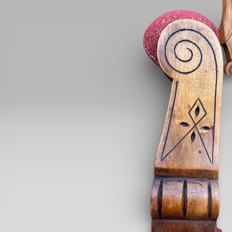 Antique Victorian Satin Burch Red Button Back Armchair with Turned Legs - Image 9